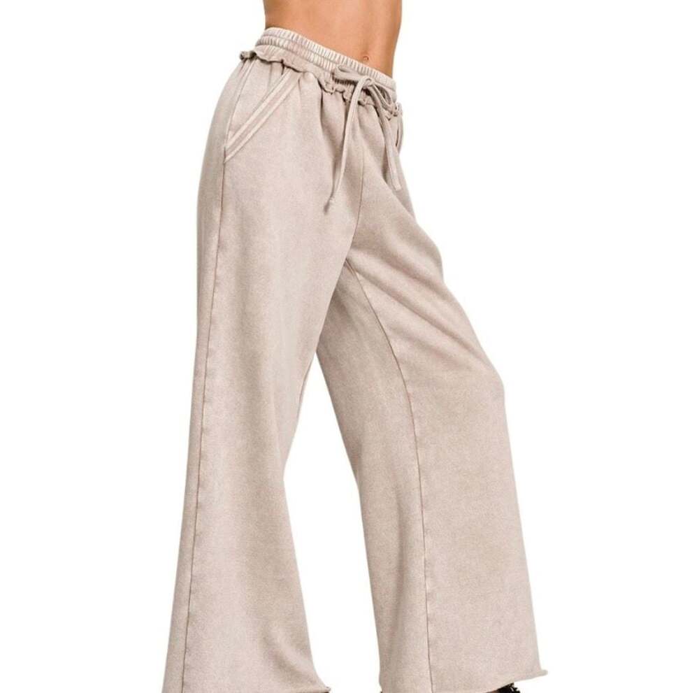 Zenana Acid Wash Fleece Palazzo Sweatpants with Pockets Ash Mocha